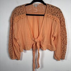 American Eagle Orange Lace Tie Front Cropped Boho Blouse Size Medium